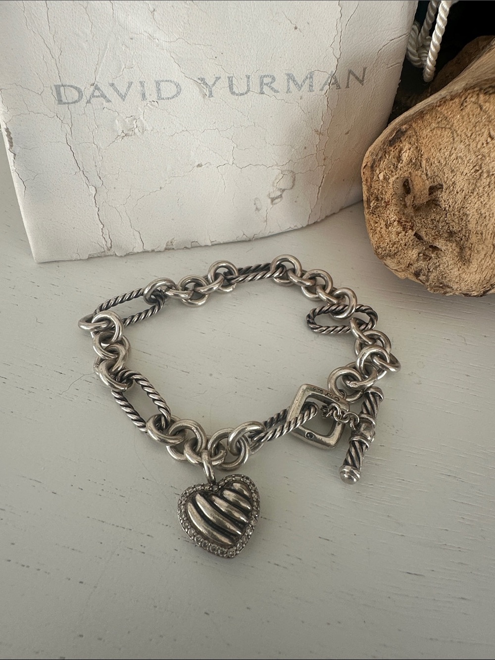 David Yurman Sterling Silver Diamond Heart Charm Toggle Bracelet